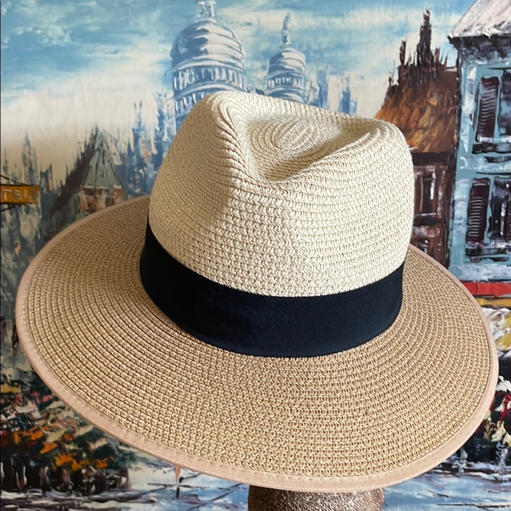 NEW Magid Hat Neutral Two Tone Pinched Front Black Ribbon Band Cute Back Detail